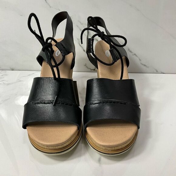 DR. SCHOLL’S Summertime Black Leather Wedge Heel Sandals - Picture 3 of 9